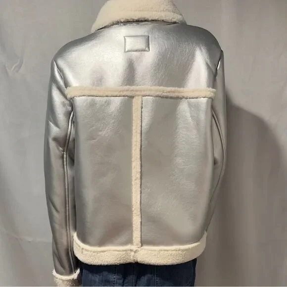 Silver Bomber Jacket Shearling Aviator Coat Steampunk Glam Rock Large - Picture 5 of 5